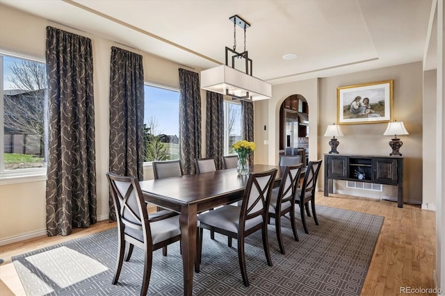 dining area featuring arched walkways, light wood finished floors, and a wealth of natural light