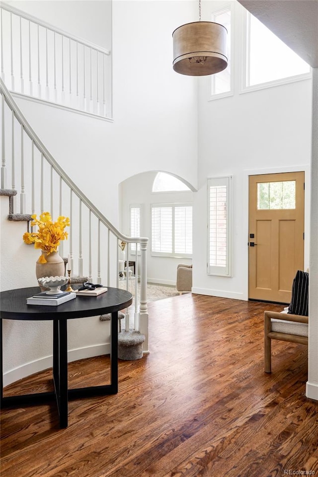 entrance foyer with plenty of natural light, dark hardwood / wood-style floors, and a high ceiling