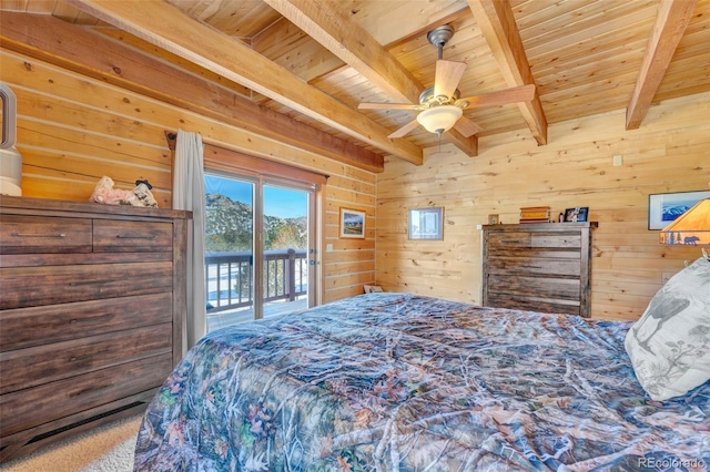 bedroom featuring ceiling fan, access to outside, wood ceiling, and wooden walls