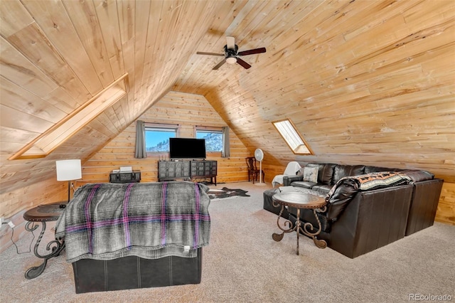 living room with lofted ceiling, wooden ceiling, and wood walls