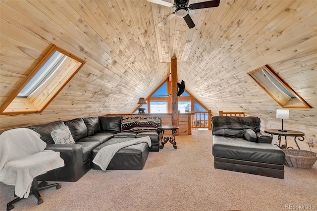 carpeted living room with wood ceiling, lofted ceiling with skylight, and wood walls