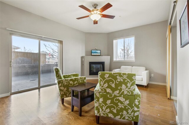 living area with baseboards, wood finished floors, a wealth of natural light, and a glass covered fireplace