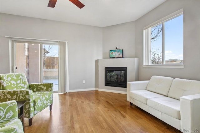 living room with a glass covered fireplace, a healthy amount of sunlight, baseboards, and wood finished floors