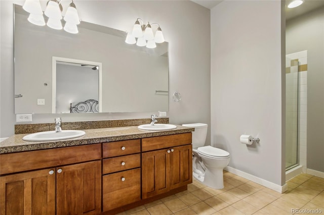 full bathroom with toilet, a shower with shower door, a sink, and tile patterned floors