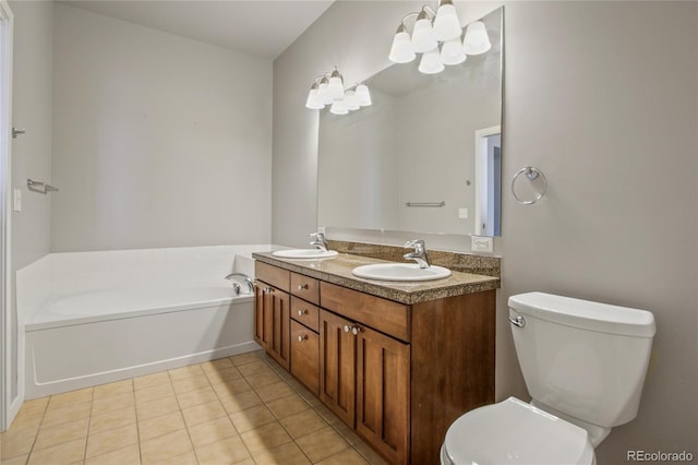 bathroom featuring toilet, a garden tub, tile patterned flooring, and a sink