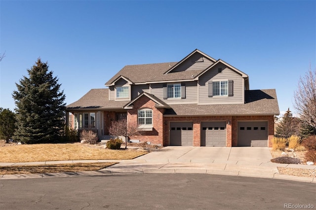 view of front facade featuring driveway, brick siding, roof with shingles, and an attached garage