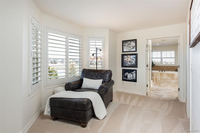 living area featuring light carpet and baseboards