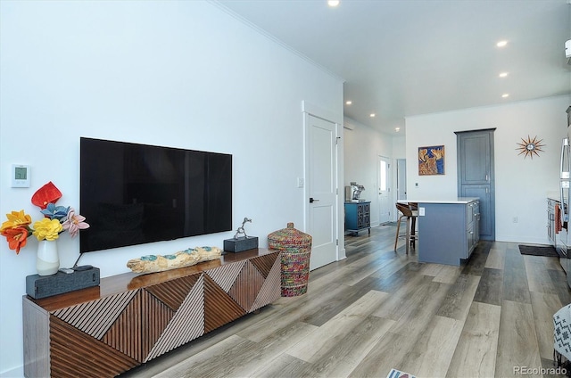 living room featuring ornamental molding and light hardwood / wood-style flooring