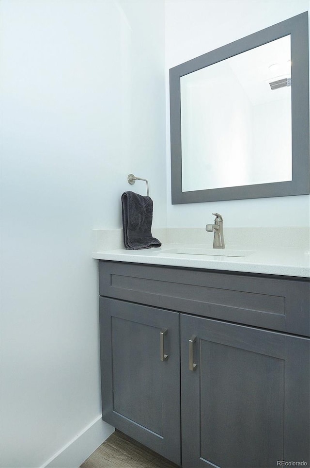 bathroom with hardwood / wood-style floors and vanity