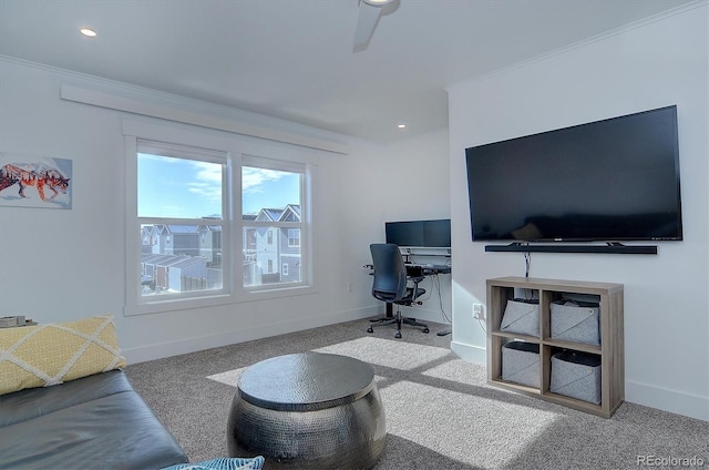 living room with carpet and ornamental molding