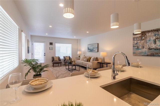 kitchen with sink and hanging light fixtures