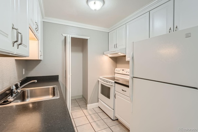 kitchen featuring white appliances, dark countertops, ornamental molding, under cabinet range hood, and a sink