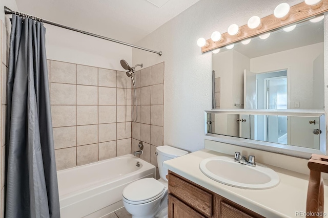 bathroom with toilet, shower / bathtub combination with curtain, and vanity