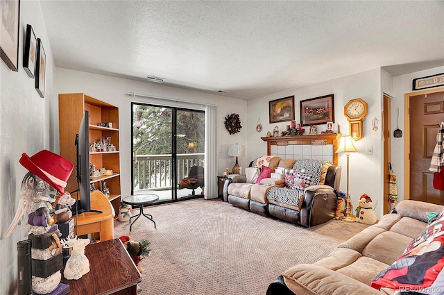 living room with carpet and a textured ceiling