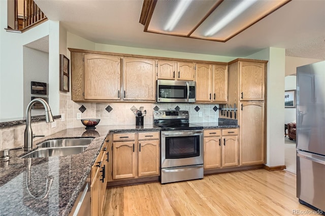 9791 Sterling Dr, Highlands Ranch, CO 80126 - kitchen with appliances with stainless steel finishes, light wood-style floors, dark stone countertops, and decorative backsplash