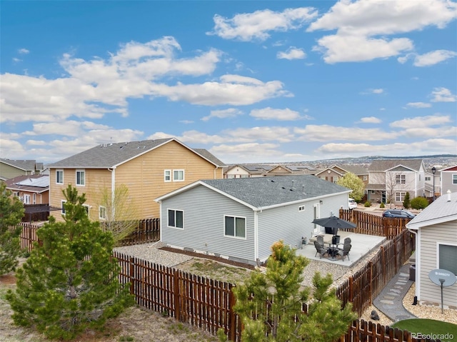 7654 Crestone Peak Trl, Colorado Springs, CO 80924 - rear view of house with a residential view, a patio, a fenced backyard, and roof with shingles