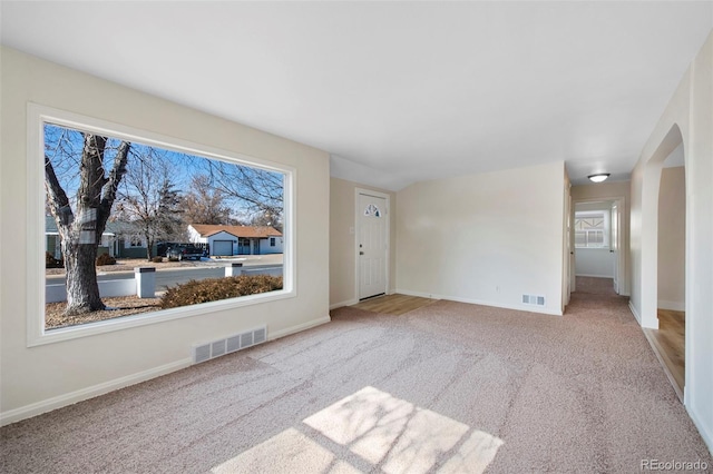 interior space featuring carpet, visible vents, and baseboards