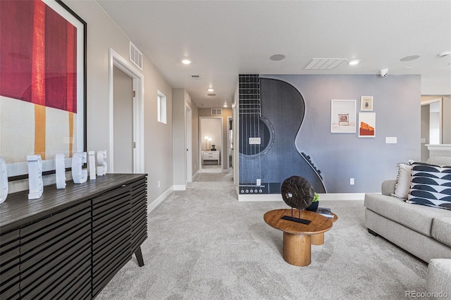 living room featuring light colored carpet