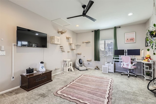 carpeted office space with recessed lighting, baseboards, attic access, and ceiling fan