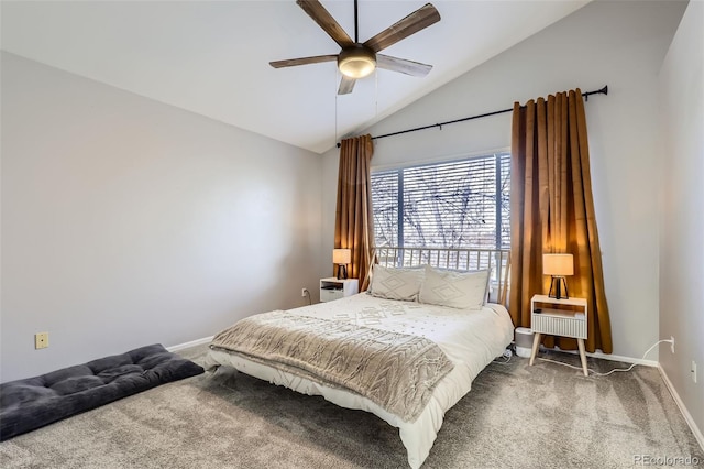 carpeted bedroom featuring ceiling fan, baseboards, and vaulted ceiling