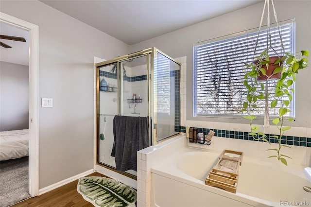 bathroom with a shower stall, a garden tub, and a wealth of natural light