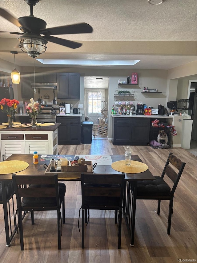 206 Lyell St, Monte Vista, CO 81144 - dining space featuring light wood-style floors, a textured ceiling, and a ceiling fan