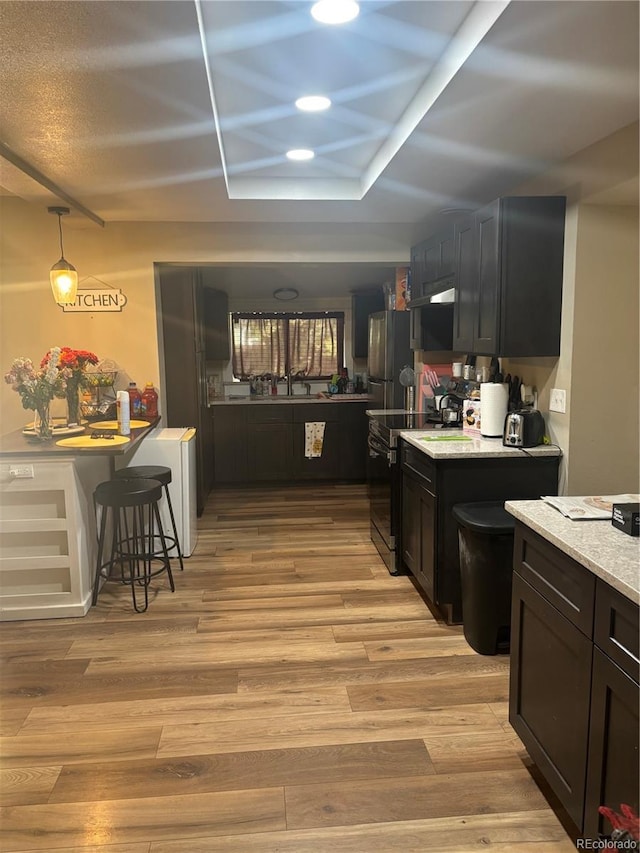 206 Lyell St, Monte Vista, CO 81144 - kitchen with electric range oven, light wood-type flooring, freestanding refrigerator, light stone countertops, and under cabinet range hood