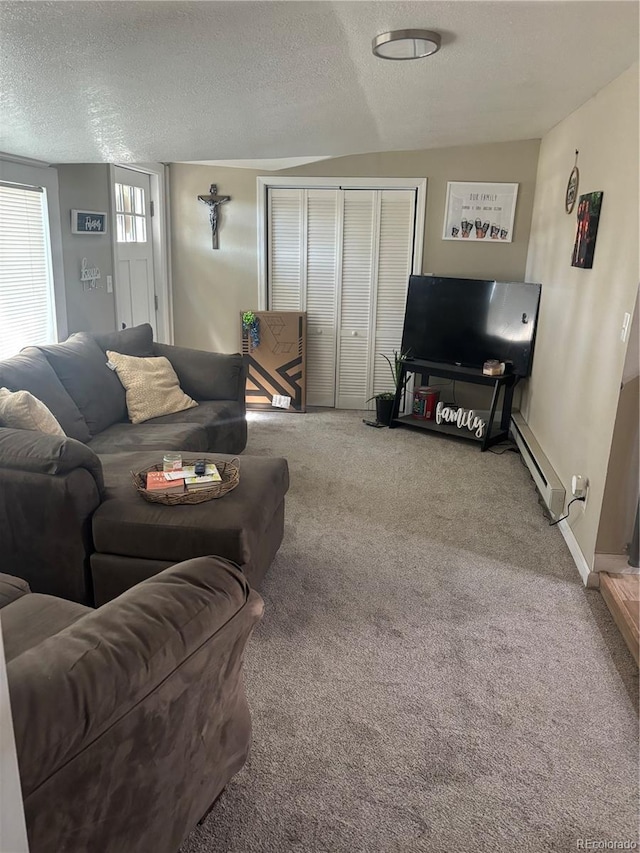 206 Lyell St, Monte Vista, CO 81144 - carpeted living room with a textured ceiling and baseboards