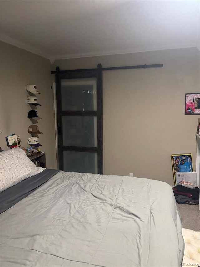 206 Lyell St, Monte Vista, CO 81144 - carpeted bedroom with a barn door and ornamental molding