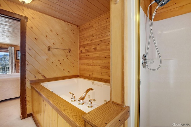 bathroom with wooden walls, separate shower and tub, and wooden ceiling