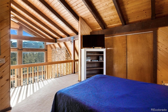 bedroom featuring high vaulted ceiling, wooden ceiling, wood walls, and beamed ceiling