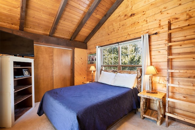 carpeted bedroom featuring a closet, wooden ceiling, wood walls, and lofted ceiling with beams