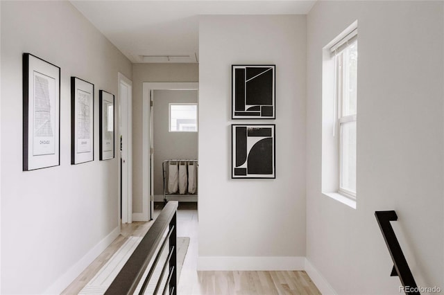 hall with light wood-type flooring and a healthy amount of sunlight