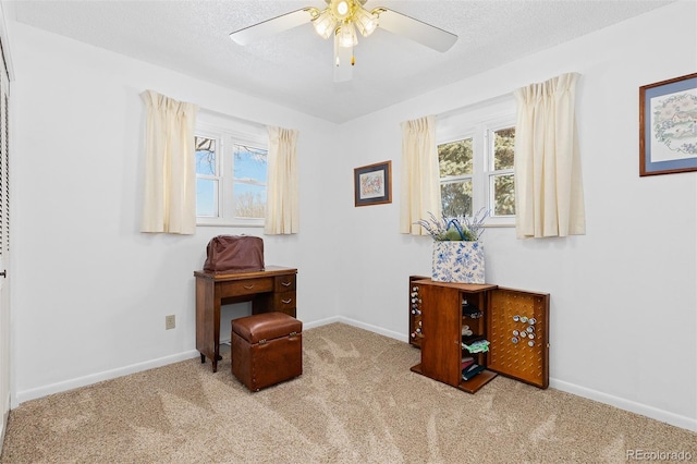 sitting room with a textured ceiling, baseboards, and light colored carpet