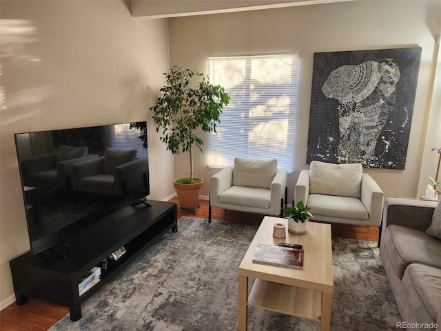 living room with baseboards and wood finished floors