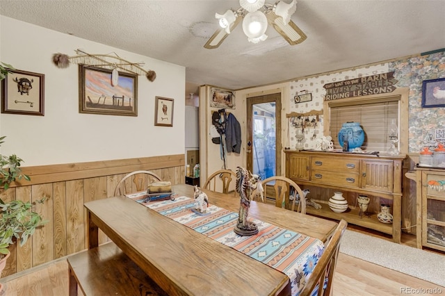 41215 Alta Vista Rd, Ramah, CO 80832 - dining space with a textured ceiling, a ceiling fan, a wainscoted wall, and wood finished floors