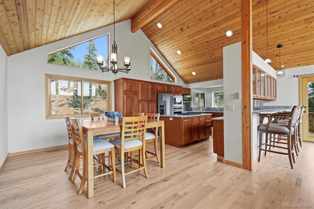 dining space featuring high vaulted ceiling, beam ceiling, light wood-style flooring, wooden ceiling, and a notable chandelier