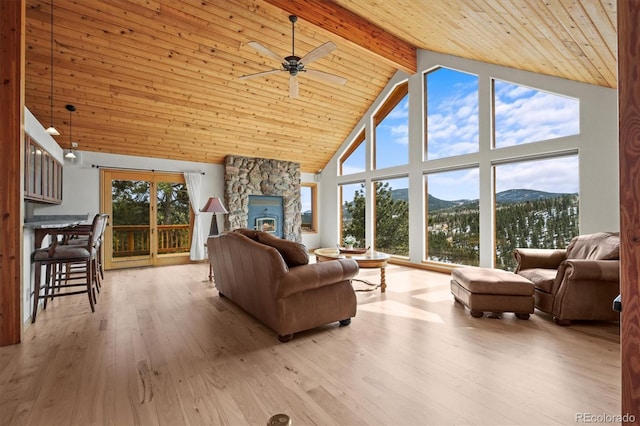 living room featuring ceiling fan, wood ceiling, a mountain view, high vaulted ceiling, and wood-type flooring