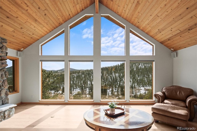 living area featuring wood ceiling, wood finished floors, and high vaulted ceiling