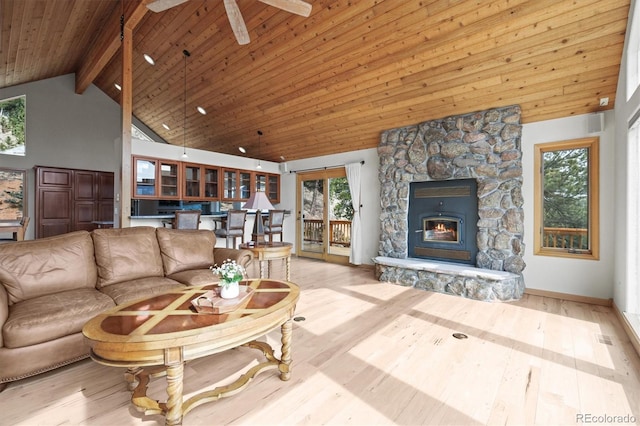 living area featuring wood ceiling, wood-type flooring, and high vaulted ceiling