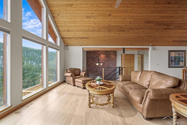 living room featuring wood ceiling, wood finished floors, visible vents, and high vaulted ceiling