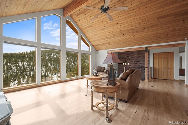 living room with ceiling fan, beamed ceiling, wooden ceiling, wood finished floors, and high vaulted ceiling