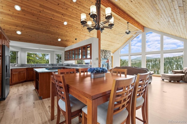 dining room with wood ceiling, light wood-style floors, a wealth of natural light, and high vaulted ceiling