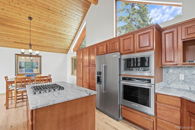 kitchen with light stone counters, backsplash, a kitchen island, stainless steel appliances, and wooden ceiling