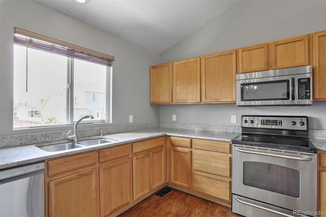 245 Homestead Way, Brighton, CO 80601 - kitchen with stainless steel appliances, vaulted ceiling, light countertops, and dark wood-style flooring