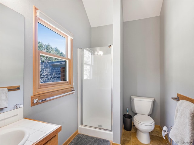 24 Pine Valley Rd, Evergreen, CO 80439 - bathroom with vanity, baseboards, toilet, and a shower stall