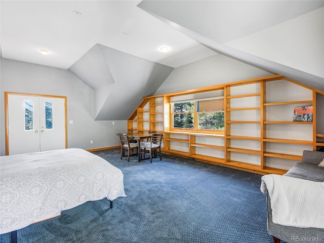 24 Pine Valley Rd, Evergreen, CO 80439 - bedroom with carpet flooring, baseboards, vaulted ceiling, and french doors