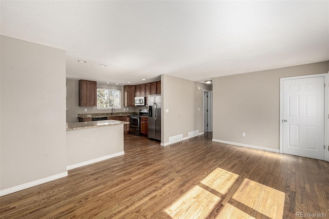 unfurnished living room with dark wood finished floors, visible vents, baseboards, and a sink