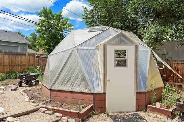 1318 S 25th St, Colorado Springs, CO 80904 - view of greenhouse featuring a fenced backyard and a vegetable garden