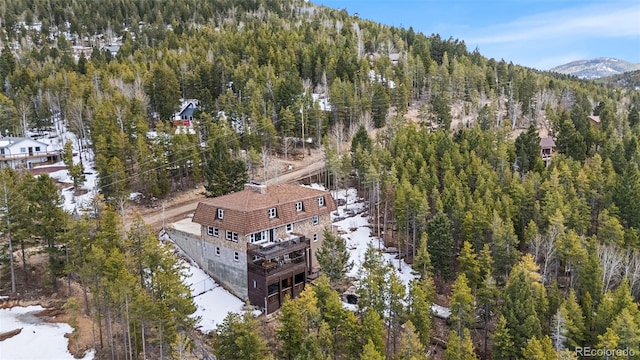 8451 London Ln, Conifer, CO 80433 - aerial view of property and surrounding area with a forest and a mountainous background